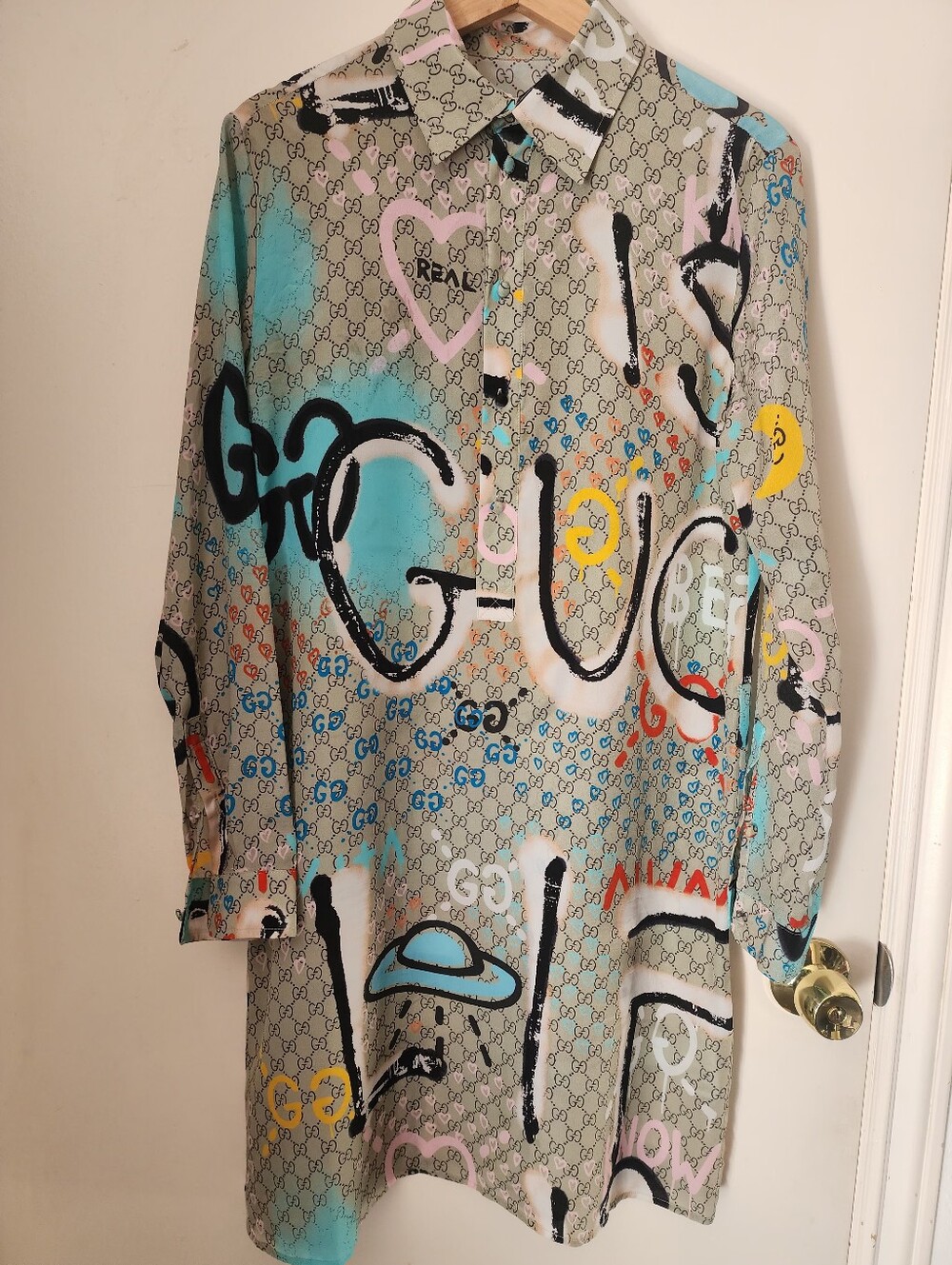GUCCI x GucciGhost Silk Tunic Dress IT 40 US S 415342 Monogram Graffiti Print